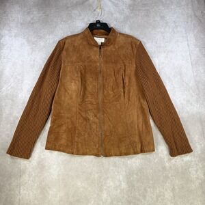 CJ Banks Jacket Women Plus 1X Brown Suede Leather Knit Sleeves Full Zip Classic